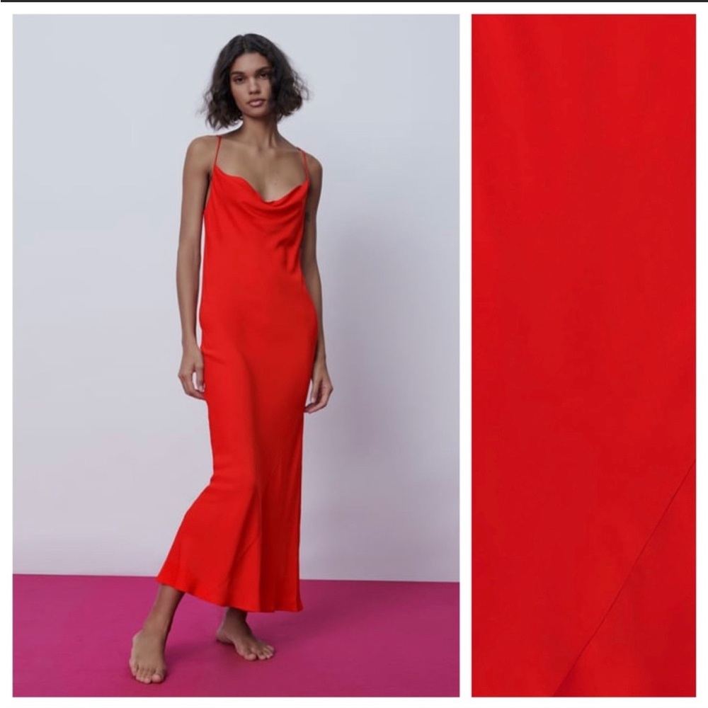 Zara bright Red Satin Effect Lingerie Style maxi Cowl Neck Dress Size XS NWT
